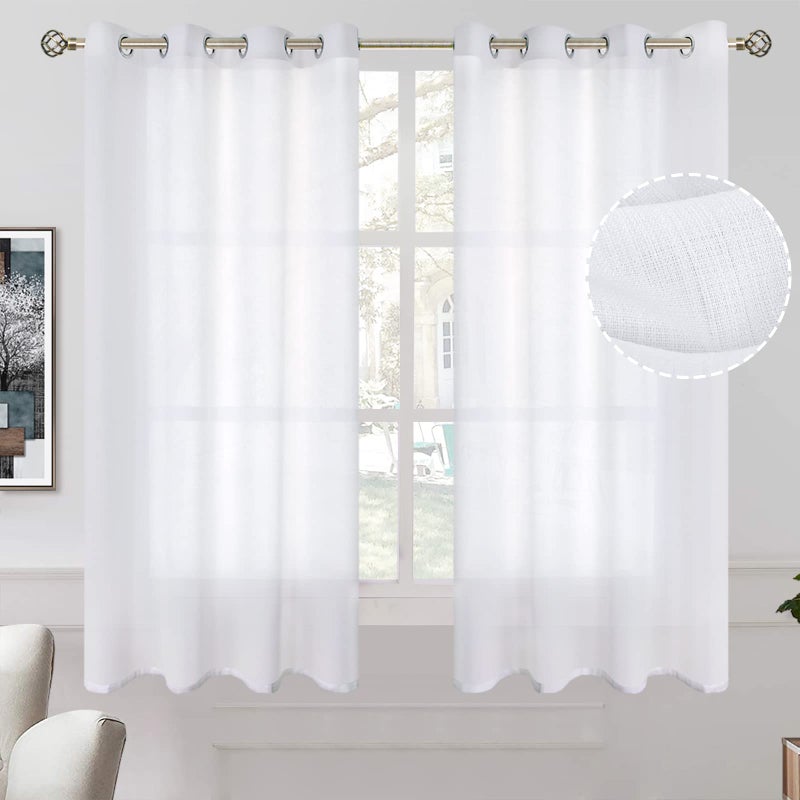 BGment Short Linen Sheer Curtains for Bedroom, 52 x 54 Inch White Window sheers Drapes Grommet Light Filtering Semi Sheer Casual Window Treatments Textured Privacy Curtains for Bay Window, 2 Panels - Image 1
